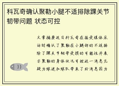 科瓦奇确认聚勒小腿不适排除踝关节韧带问题 状态可控