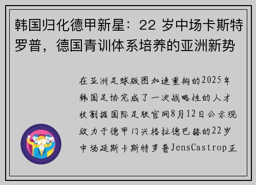 韩国归化德甲新星：22 岁中场卡斯特罗普，德国青训体系培养的亚洲新势力