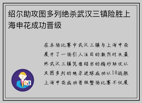 绍尔助攻图多列绝杀武汉三镇险胜上海申花成功晋级